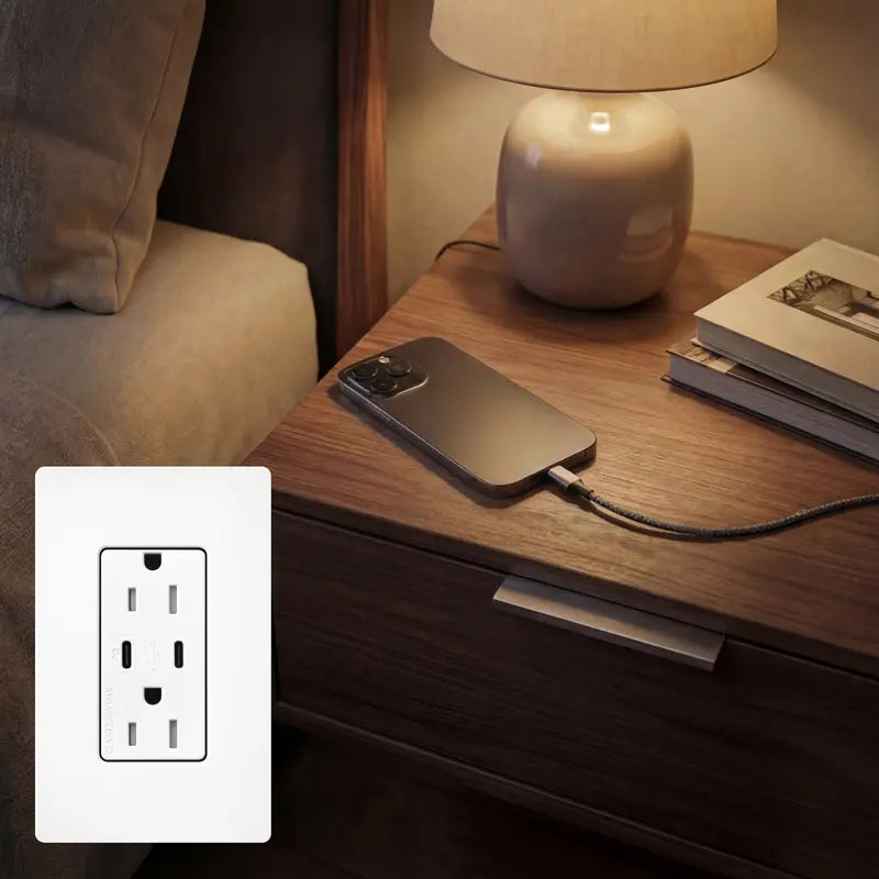 Smartphone charging on a bedside table beside a lamp, with an inset of a Lutron USB-C Power Delivery wall outlet.