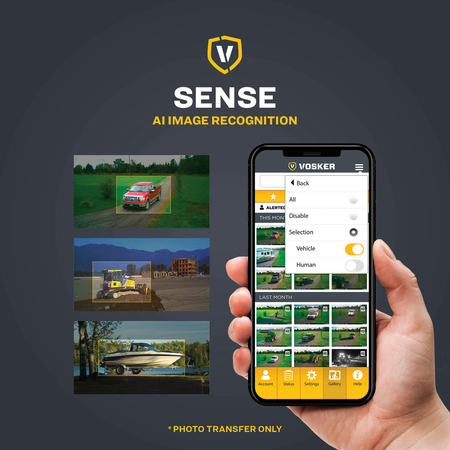 Hand holding a smartphone displaying the Vosker Sense AI Image Recognition app with vehicle detection images.
