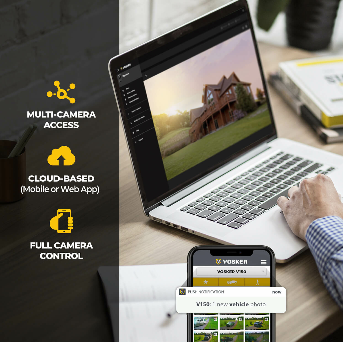 Vosker V150 cellular security camera sending motion photo alerts to a smartphone app.