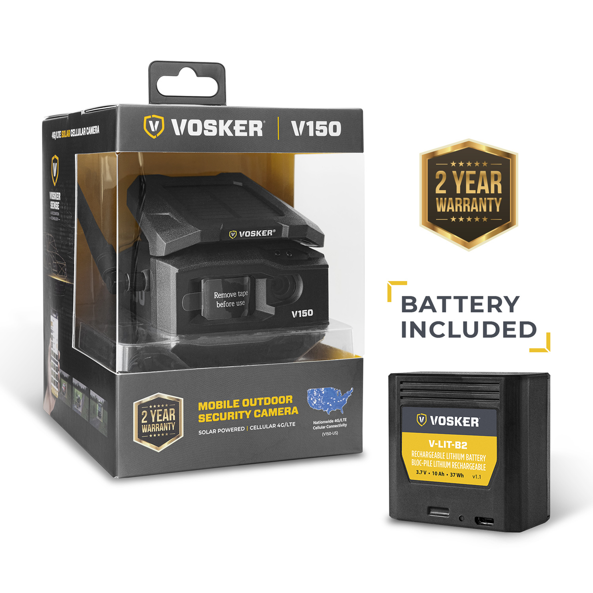 Vosker V150 security camera packaging with battery included on a white background