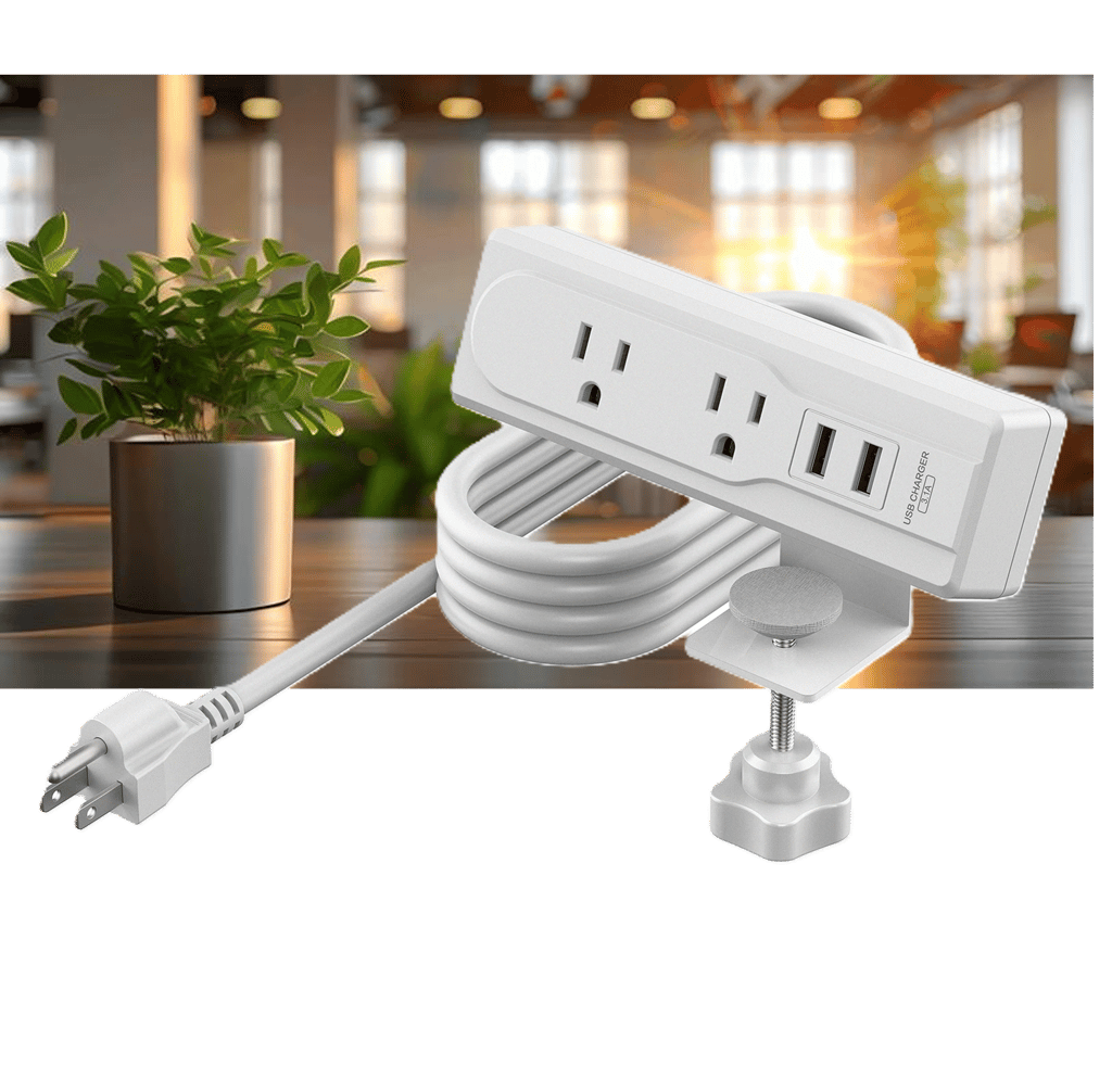 Product Marketing image of the Grid Networking SKU DMS-001 - Clamp-On Desk Power Outlet - 2 AC Outlets + 2 USB Ports, White, Integrated Power Cord | DMS-001
