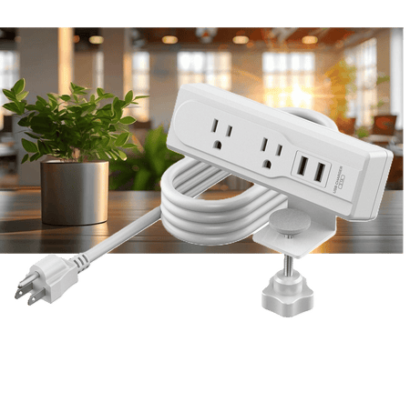 Product Marketing image of the Grid Networking SKU DMS-001 - Clamp-On Desk Power Outlet - 2 AC Outlets + 2 USB Ports, White, Integrated Power Cord | DMS-001