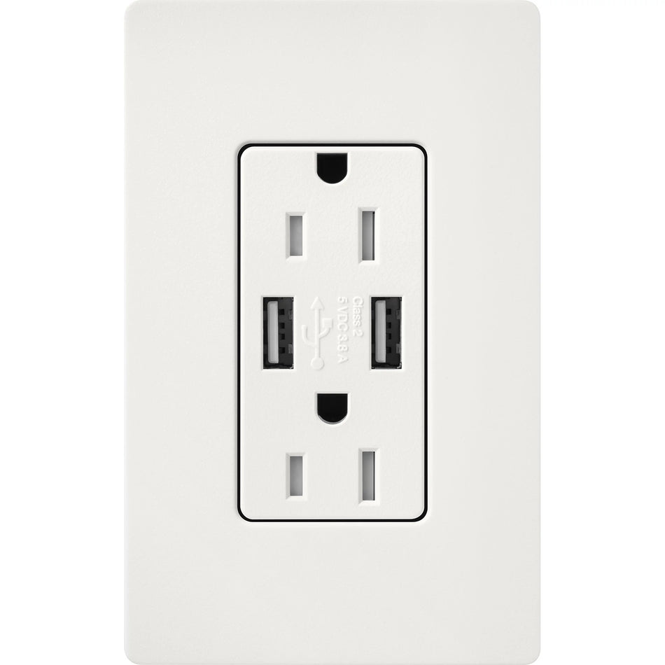 Lutron Claro 15A Duplex Receptacle with USB-A Charger - Tamper-Resistant | SCR-15-UBTR