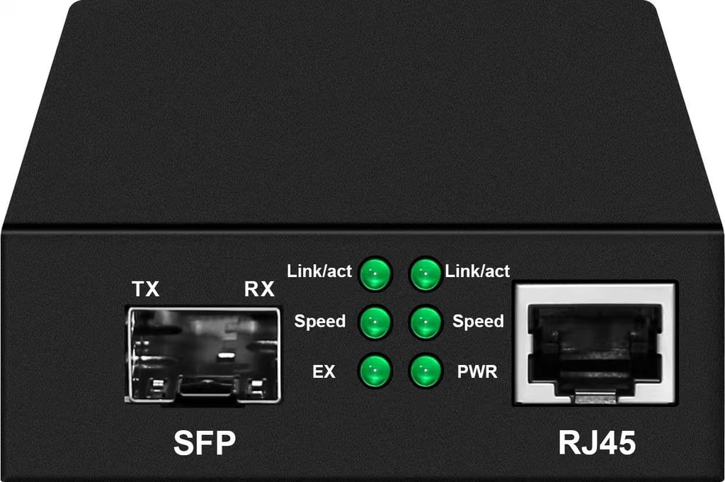 Product Marketing image of the Grid Networking SKU POEJK-FEI - Gigabit RJ45 to 1000Base-FX SFP Fiber Media Converter with PoE Injector | 10/100/1000Base-T Copper-to-Fiber Extender | POEJK-FEI