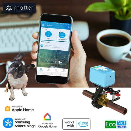 Matter-certified smart water shutoff valve controller works with Apple Home, Google Home, SmartThings and Alexa (logos shown)