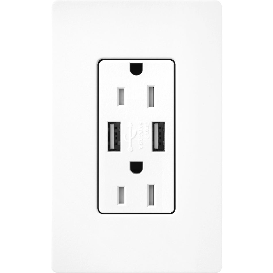 Lutron Claro 15A Duplex Receptacle with USB-A Charger - Tamper-Resistant | SCR-15-UBTR