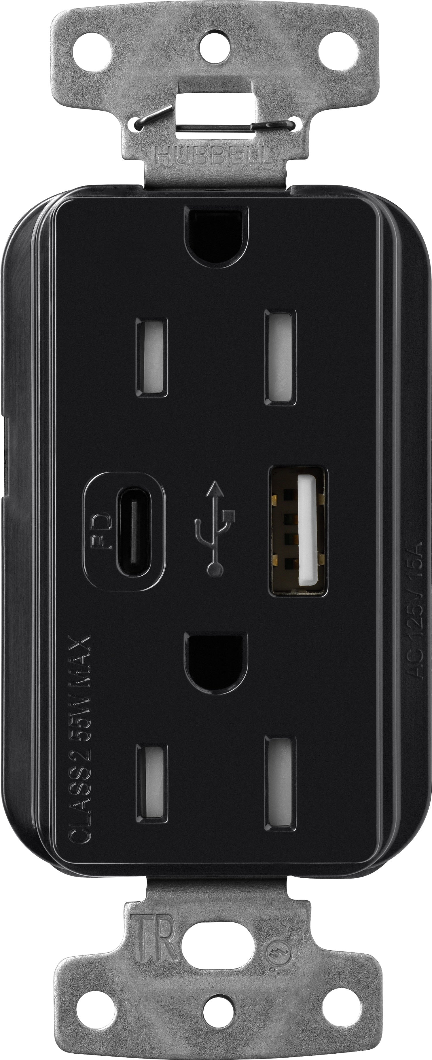 Lutron Claro CAR-15-ACTR-BL USB-A + USB-C PD duplex receptacle, gloss finish, Black