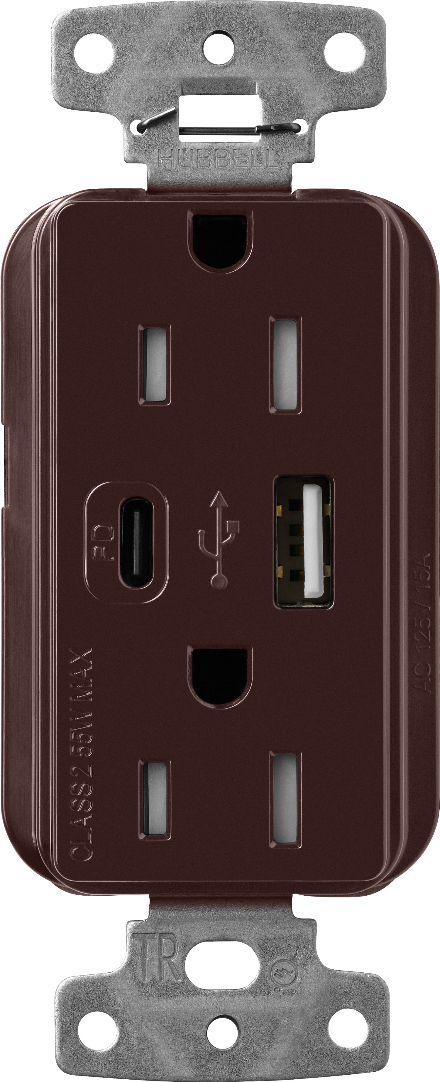 Lutron Claro CAR-15-ACTR-BR USB-A + USB-C PD duplex receptacle, gloss finish, Brown