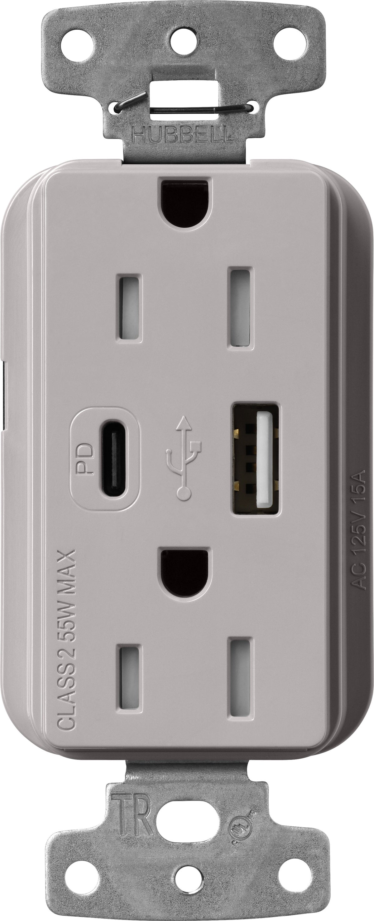 Lutron Claro CAR-15-ACTR-AL USB-A + USB-C PD duplex receptacle, gloss finish, Almond