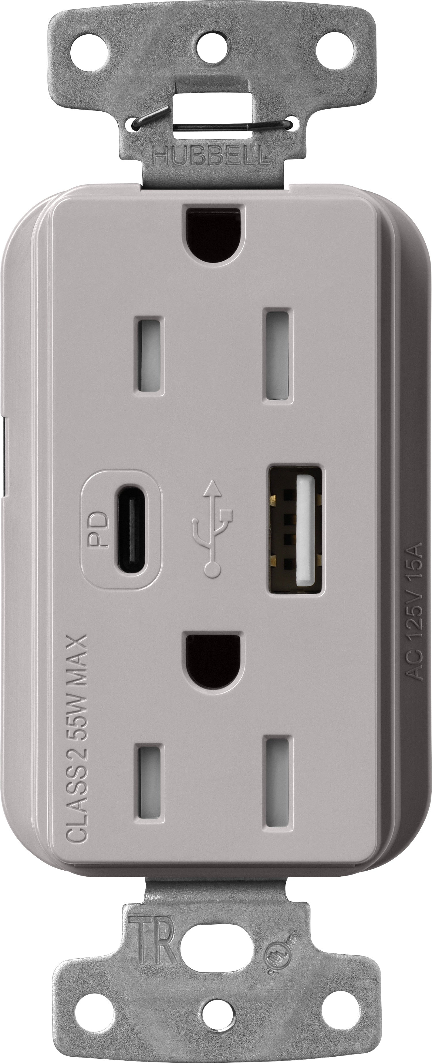 Lutron Claro CAR-15-ACTR-AL USB-A + USB-C PD duplex receptacle, gloss finish, Almond