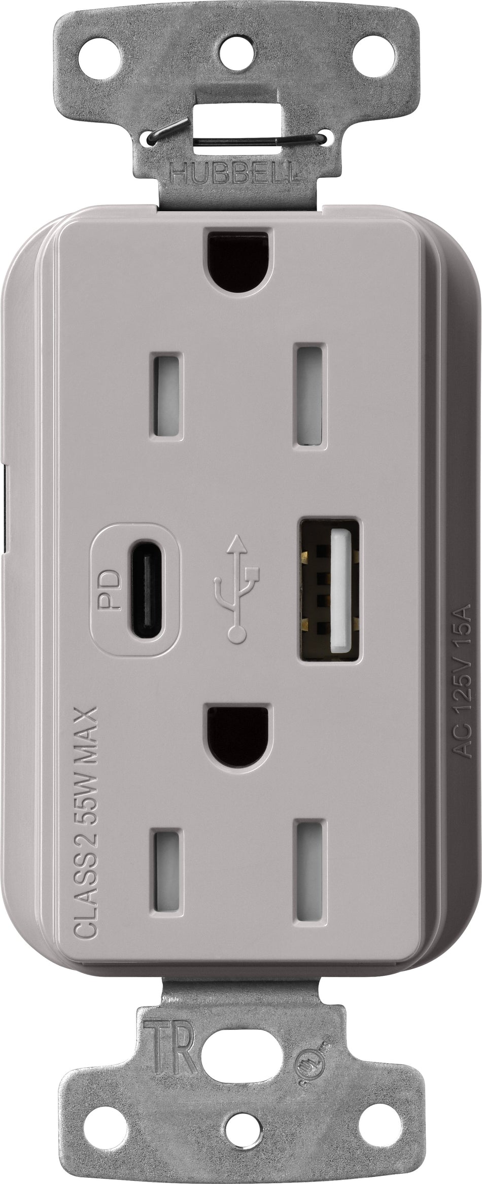 Lutron Claro CAR-15-ACTR-AL USB-A + USB-C PD duplex receptacle, gloss finish, Almond