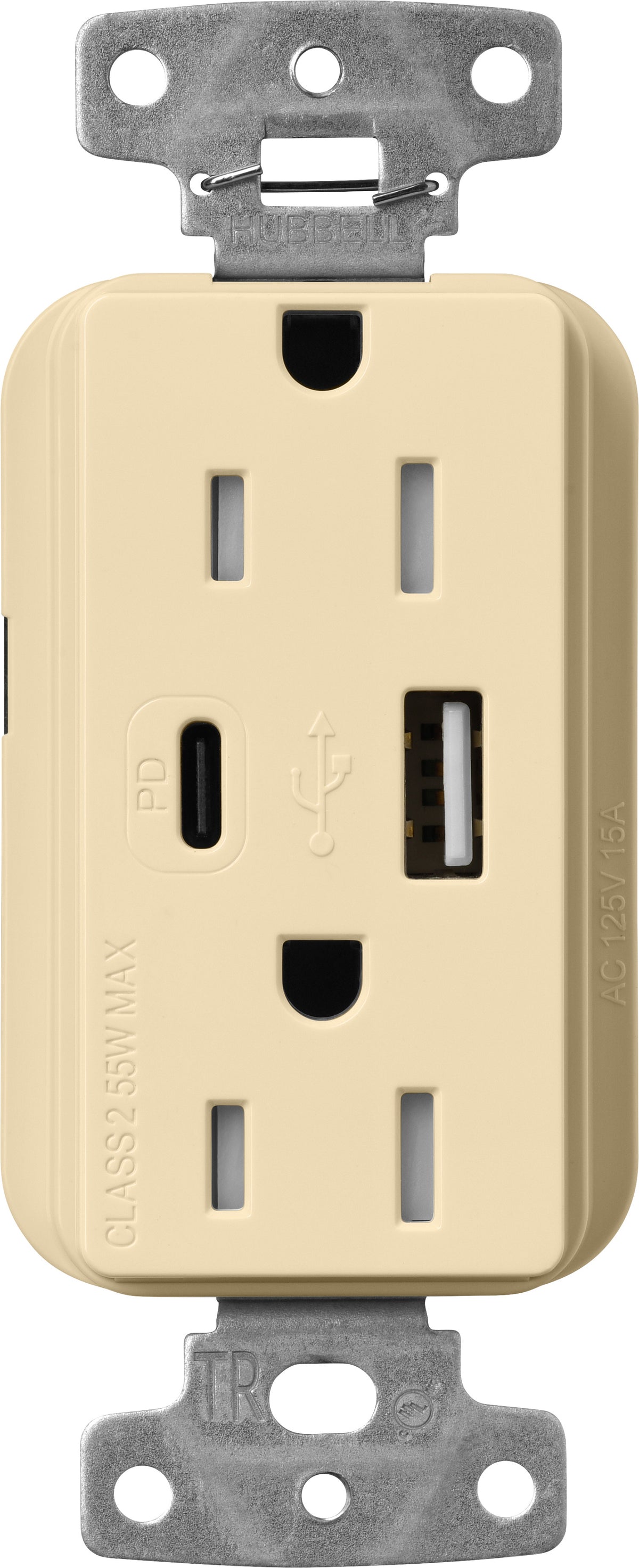 Lutron Claro CAR-15-ACTR-IV USB-A + USB-C PD duplex receptacle, gloss finish, Ivory