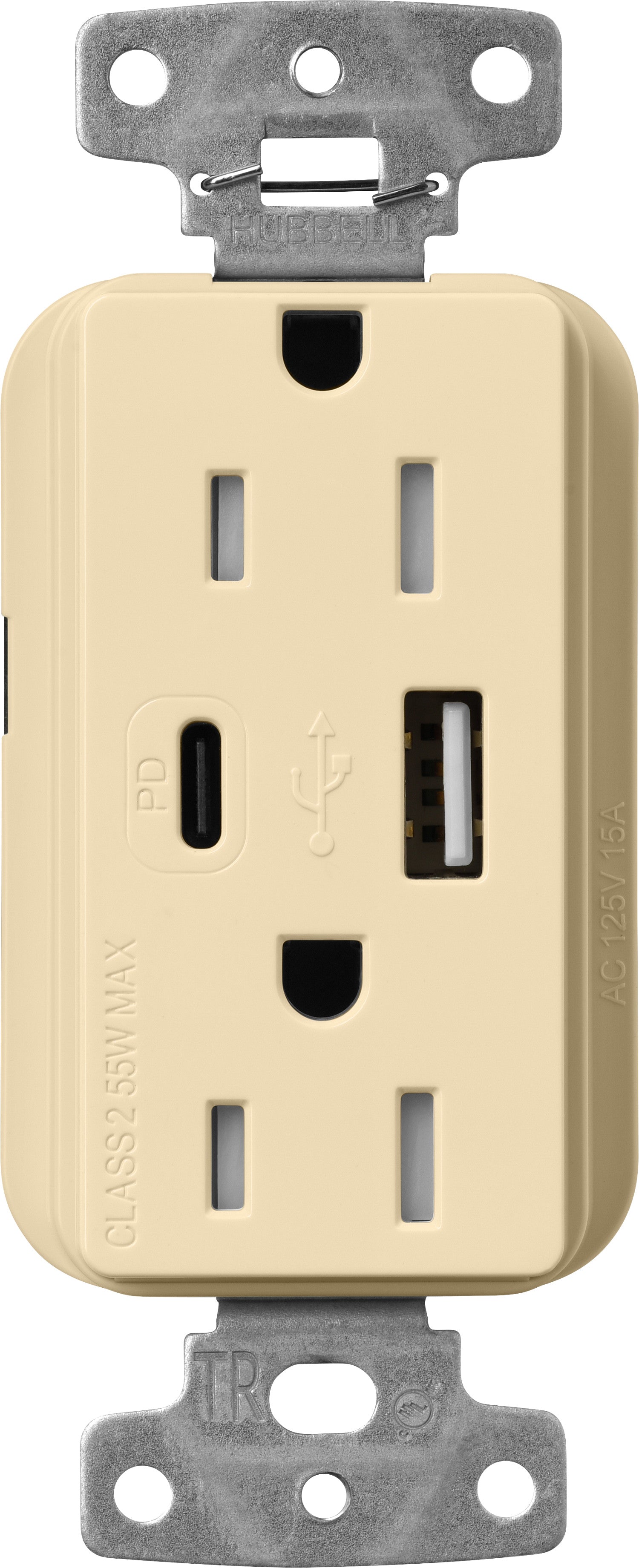 Lutron Claro CAR-15-ACTR-IV USB-A + USB-C PD duplex receptacle, gloss finish, Ivory