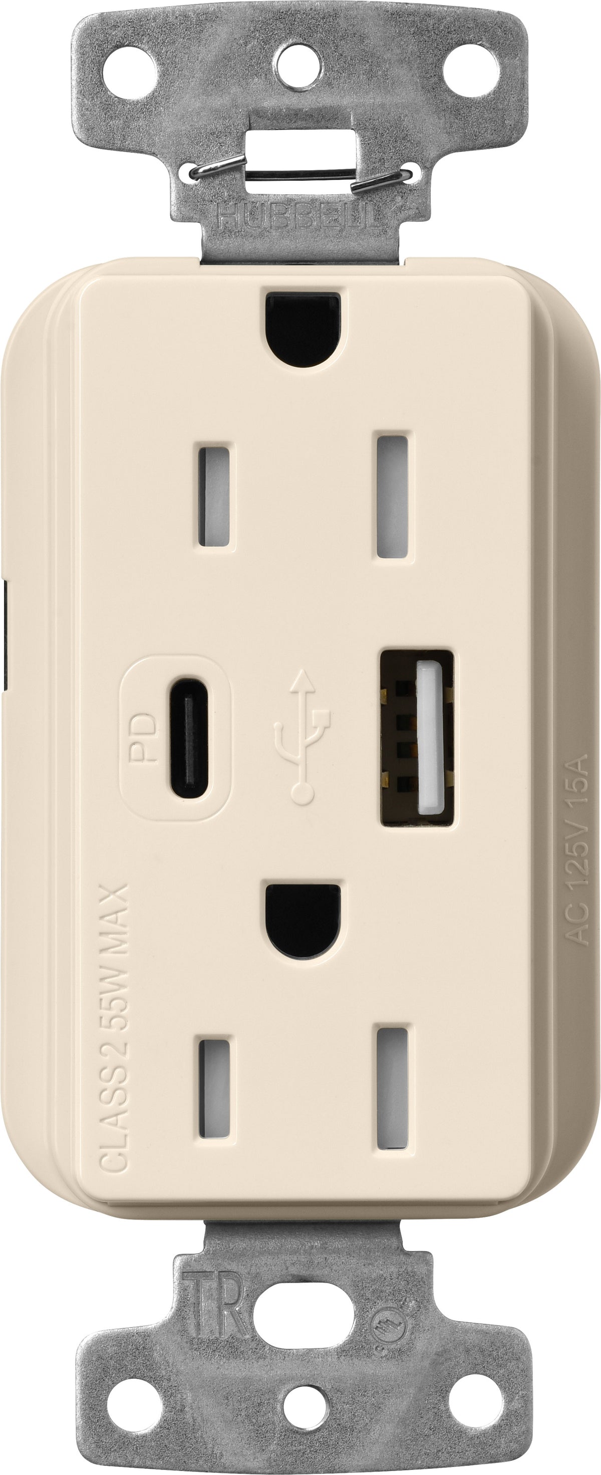 Lutron Claro CAR-15-ACTR-LA USB-A + USB-C PD duplex receptacle, gloss finish, Light Almond