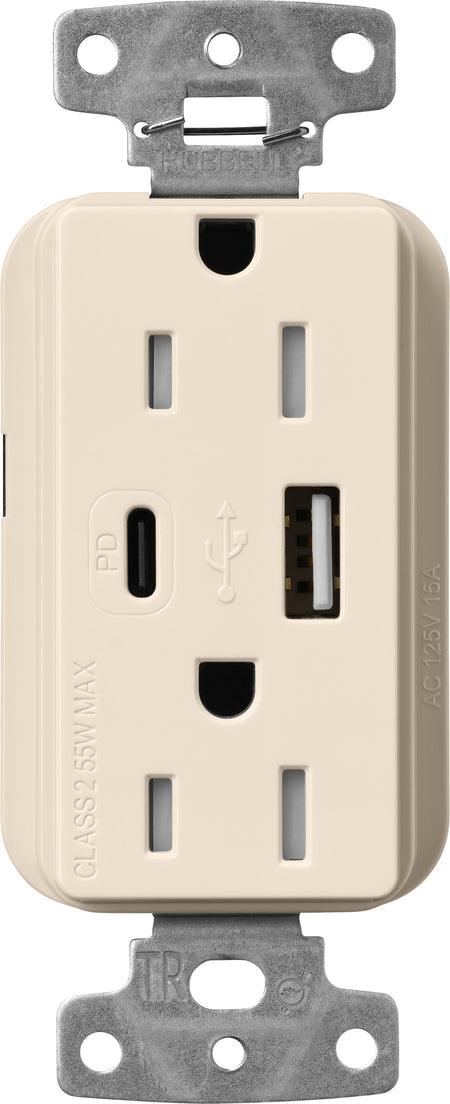 Lutron Claro CAR-15-ACTR-LA USB-A + USB-C PD duplex receptacle, gloss finish, Light Almond