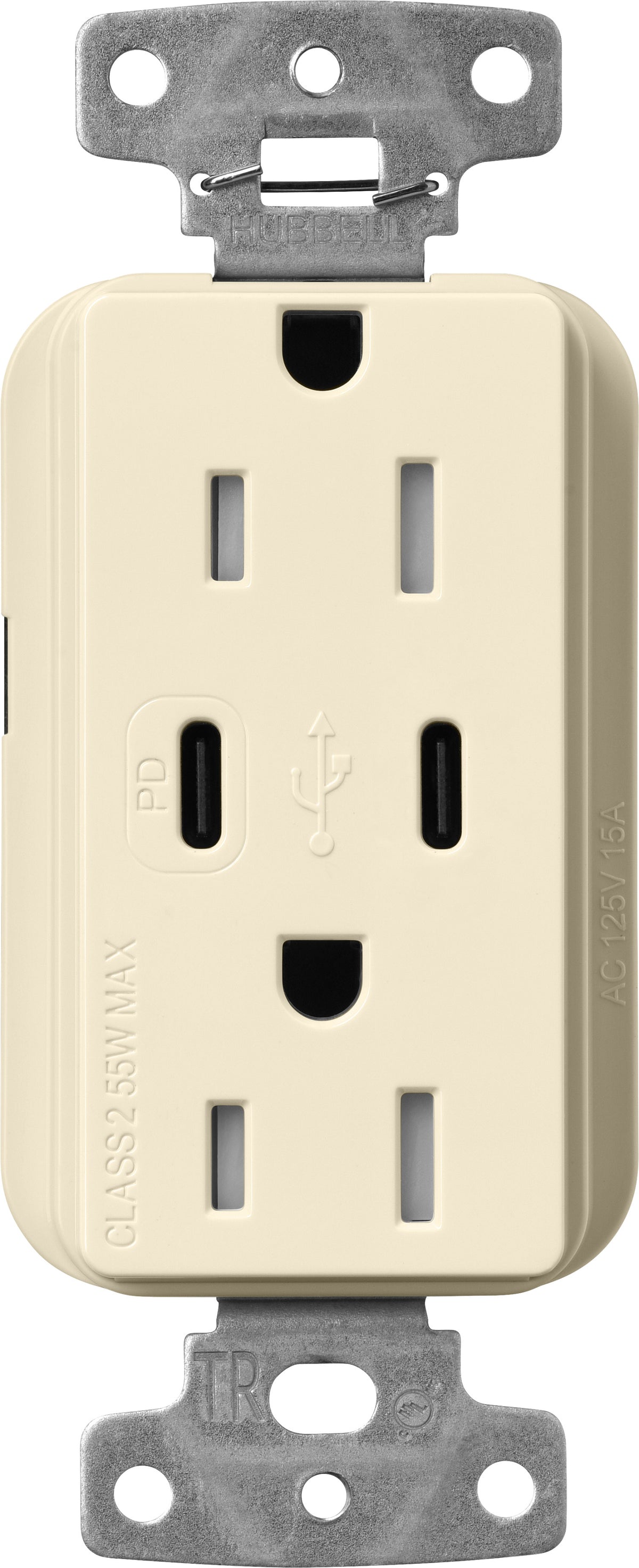 Lutron Claro CAR-15-CCTR-AL Dual USB-C (1 PD) duplex receptacle, gloss finish, Almond