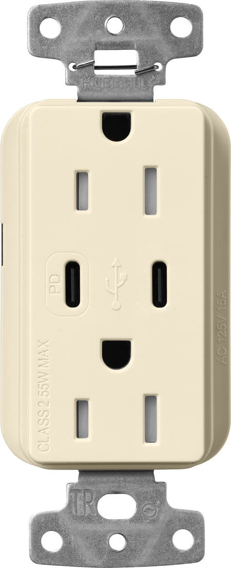 Lutron Claro CAR-15-CCTR-AL Dual USB-C (1 PD) duplex receptacle, gloss finish, Almond