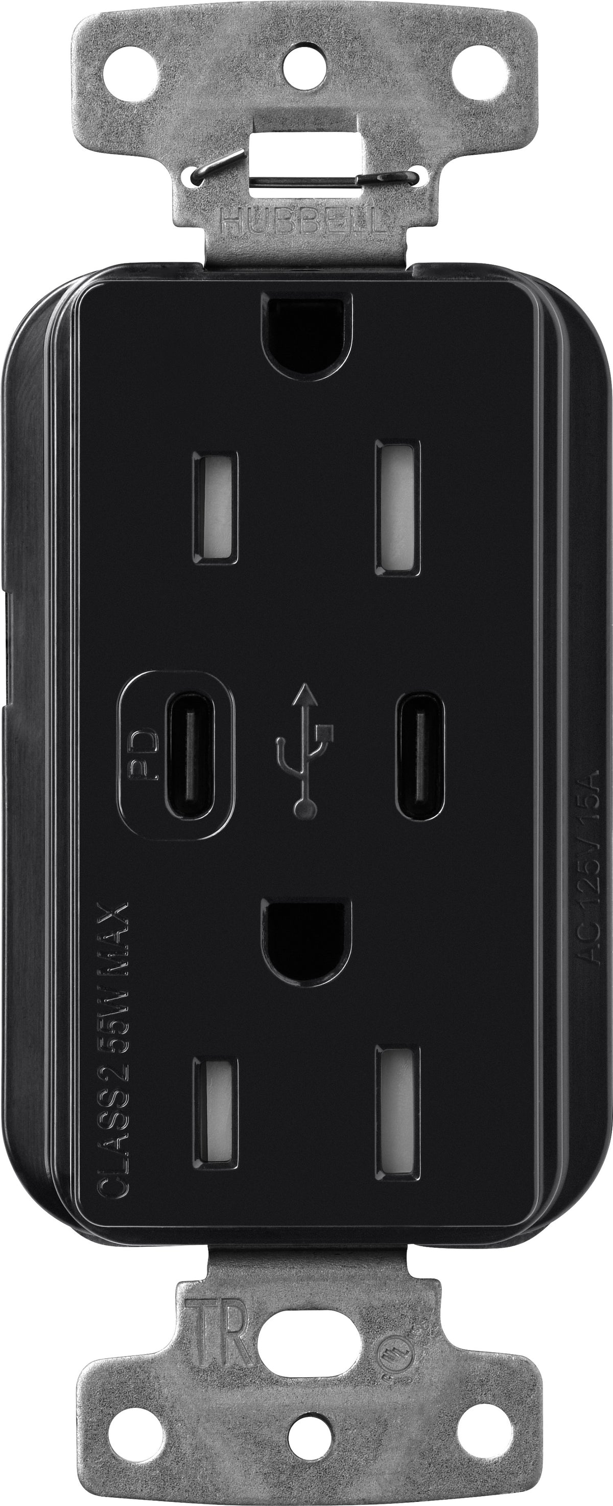 Lutron Claro CAR-15-CCTR-BL Dual USB-C (1 PD) duplex receptacle, gloss finish, Black