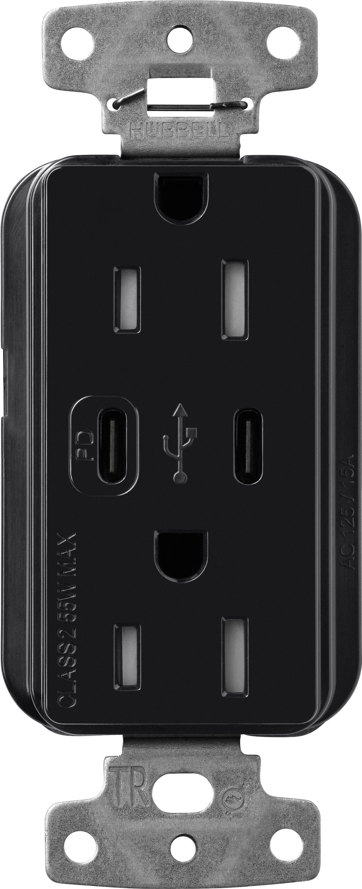 Lutron Claro CAR-15-CCTR-BL Dual USB-C (1 PD) duplex receptacle, gloss finish, Black