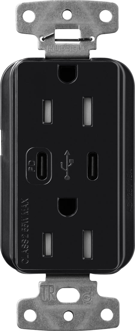 Lutron Claro CAR-15-CCTR-BL Dual USB-C (1 PD) duplex receptacle, gloss finish, Black