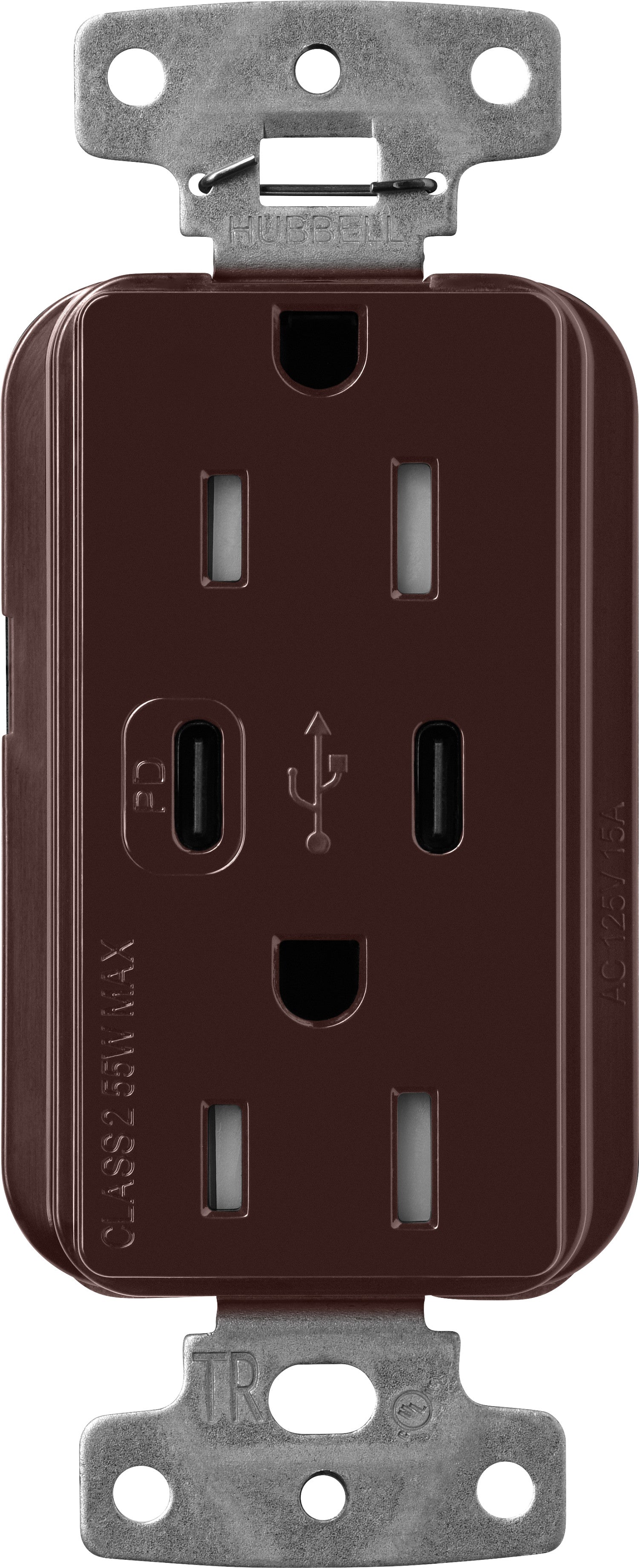 Lutron Claro CAR-15-CCTR-BR Dual USB-C (1 PD) duplex receptacle, gloss finish, Brown