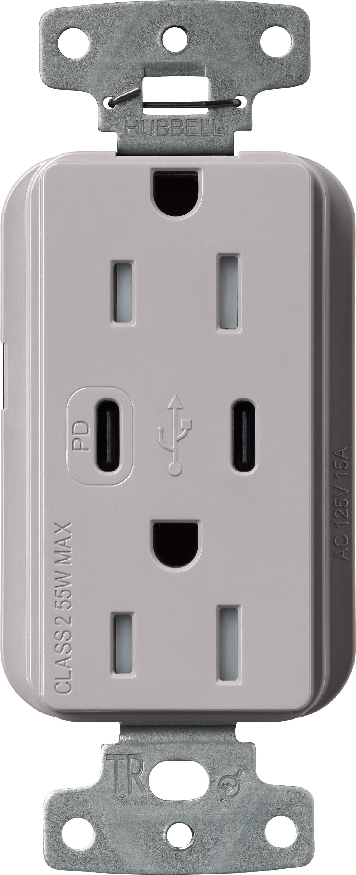 Lutron Claro CAR-15-CCTR-GR Dual USB-C (1 PD) duplex receptacle, gloss finish, Gray