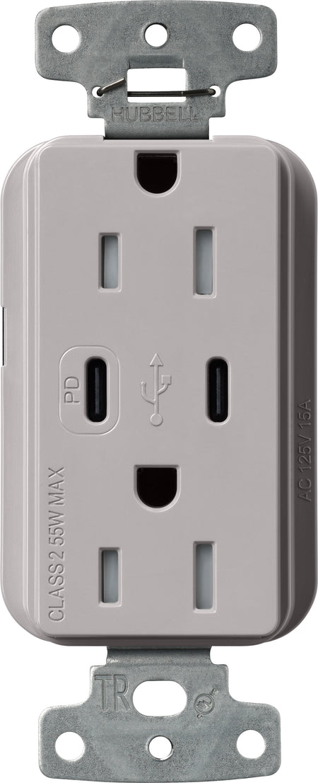 Lutron Claro CAR-15-CCTR-GR Dual USB-C (1 PD) duplex receptacle, gloss finish, Gray