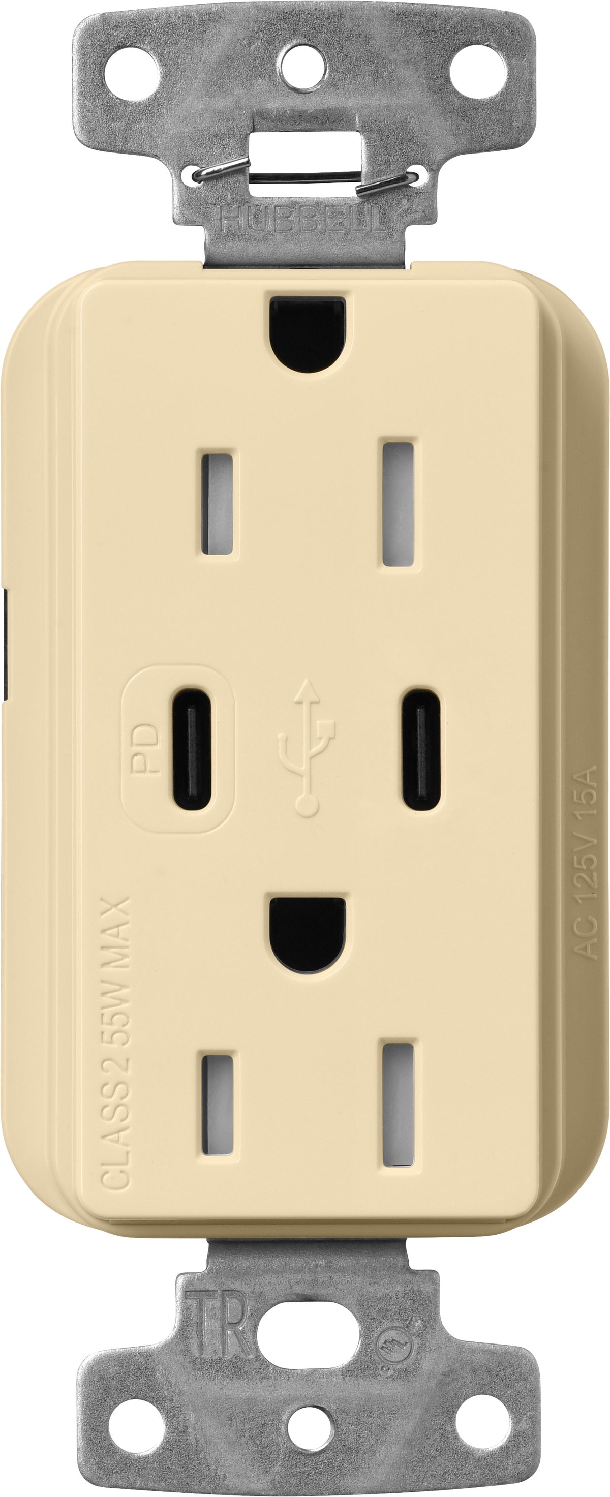 Lutron Claro CAR-15-CCTR-IV Dual USB-C (1 PD) duplex receptacle, gloss finish, Ivory