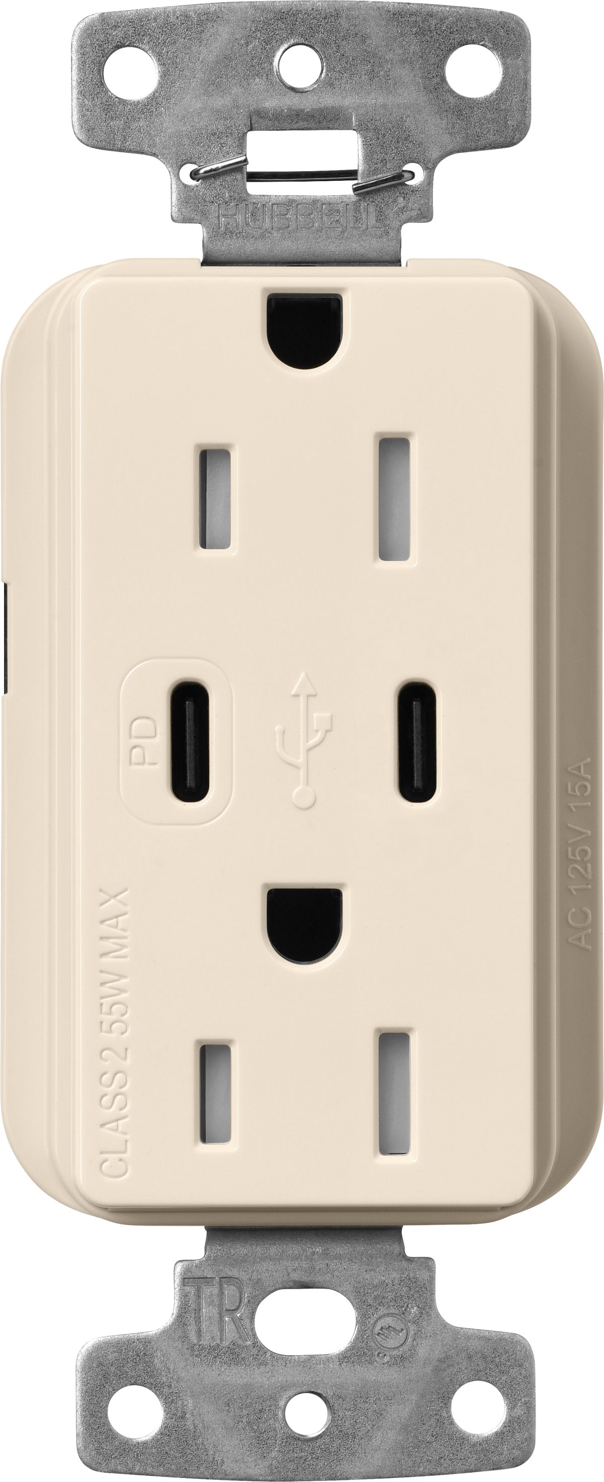 Lutron Claro CAR-15-CCTR-LA Dual USB-C (1 PD) duplex receptacle, gloss finish, Light Almond