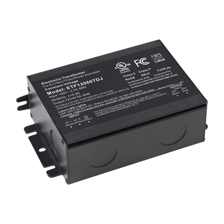 12V DC 60W Electronic Transformer in J-box Triac Dim 120VAC | ETF12060TDJ