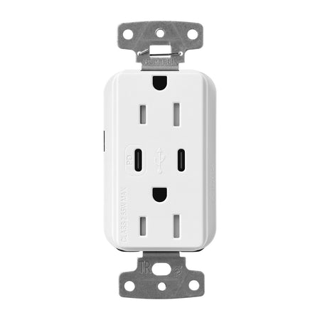 Lutron Claro CAR-15-CCTR-WH Dual USB-C (1 PD) duplex receptacle, gloss finish, White