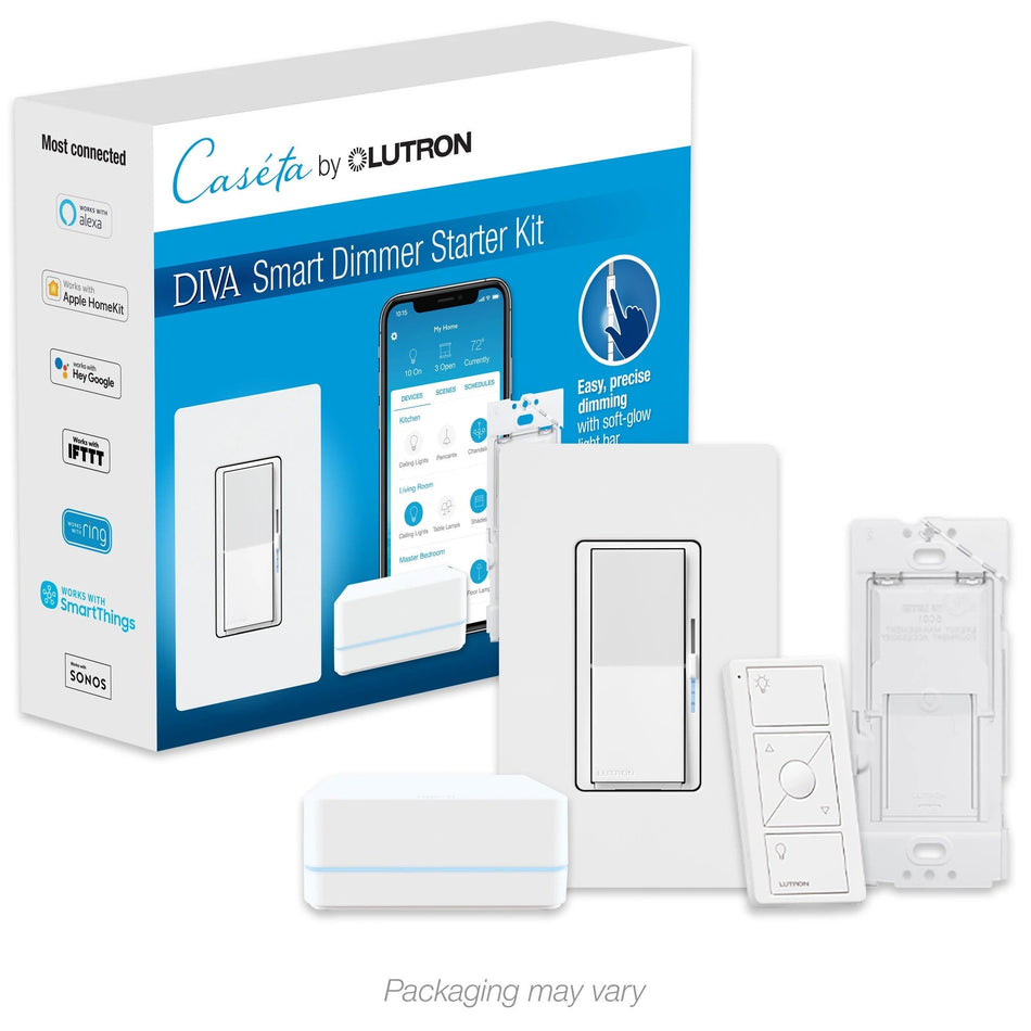 Lutron Diva Smart Starter Kit - Hub + Paddle Dimmer + Pico | DVRF-BDG-1D-C