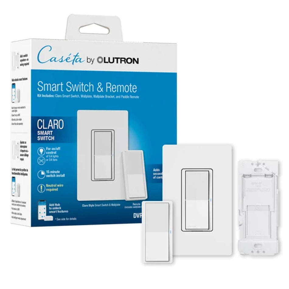 Marketing Image of the SKU DVRF-PKG1S-WH Lutron Claro Smart Switch 3-Way Kit with Pico Paddle Remote for Caseta, No Hub Required | DVRF-PKG1S-WH Displayed for Marketing Usage