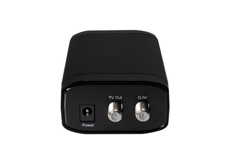 Close-up of the Comtrend GCA-7000 adapter showing the coax connector, Ethernet port, and status LEDs.