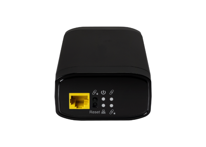 Black router with a yellow Ethernet port on a white background