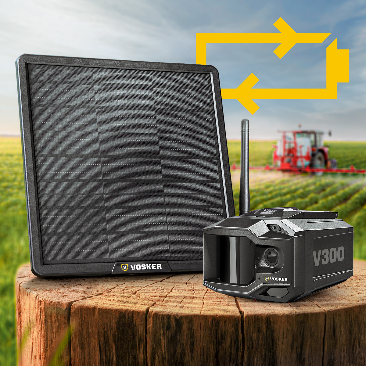 Vosker solar panel and V300 device on a wooden stump with a field and tractor in the background
