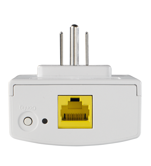 White electrical plug with a gold-colored connector on a white background