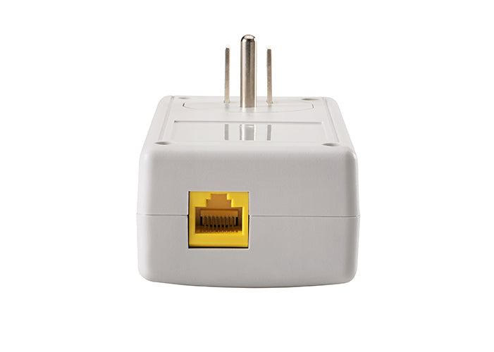 White electrical plug with a yellow Ethernet port on a white background