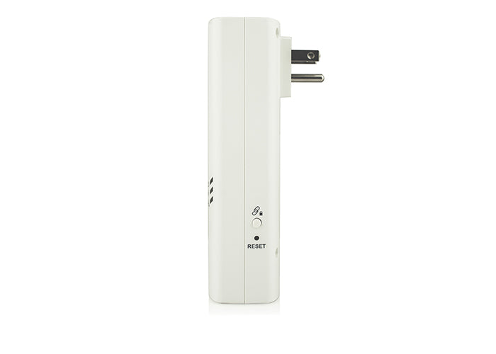 White electronic device with power plug on a white background