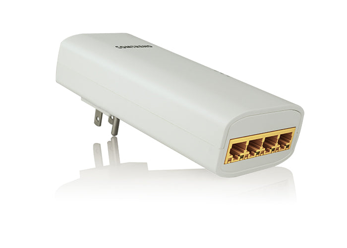 Close-up of the Comtrend PG-9182S4 adapter showing four Gigabit Ethernet ports and status LEDs.