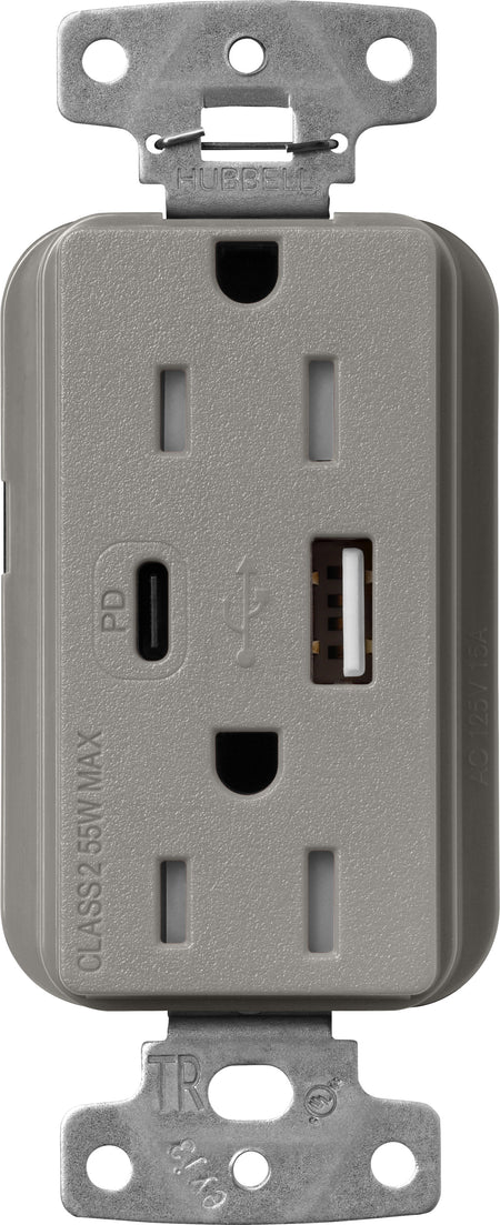 Lutron Claro SCR-15-ACTR-CS USB-A + USB-C PD duplex receptacle, satin finish, Cobblestone