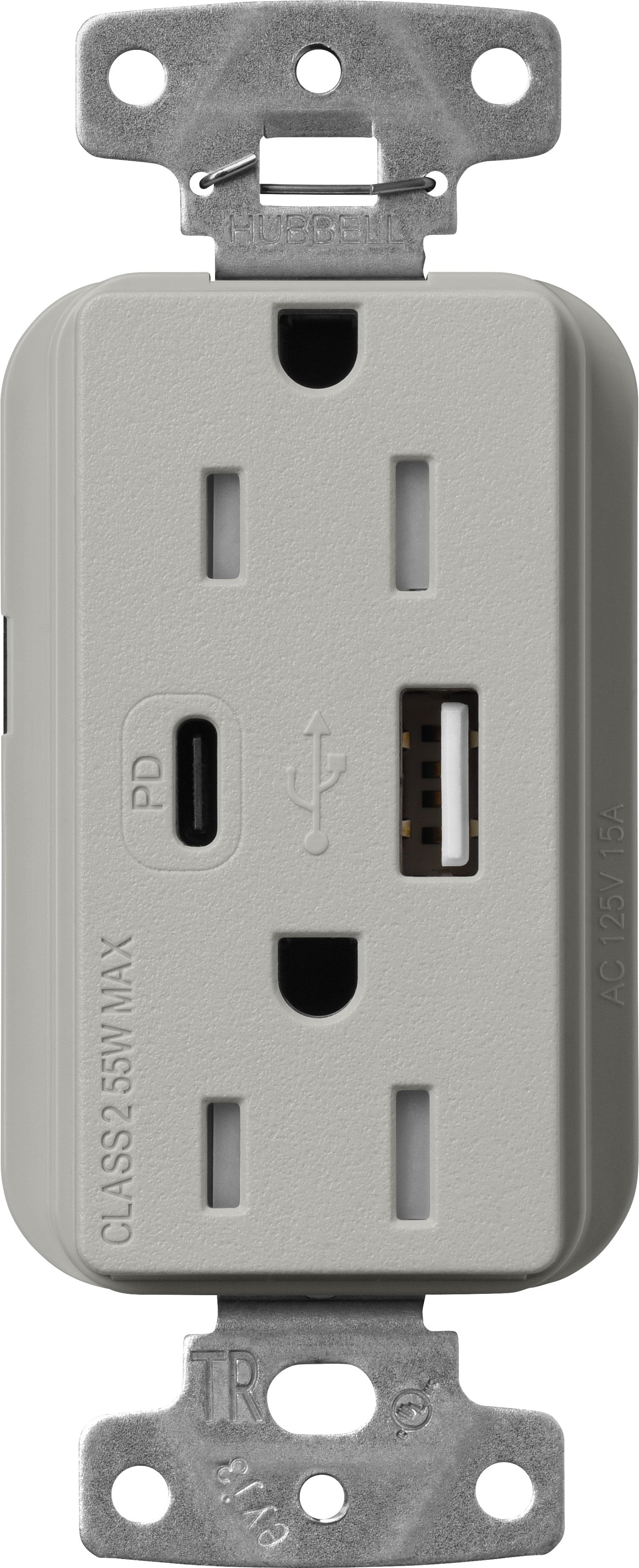 Lutron Claro SCR-15-ACTR-PB USB-A + USB-C PD duplex receptacle, satin finish, Pebble