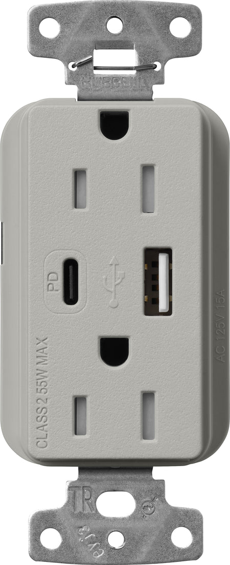 Lutron Claro SCR-15-ACTR-PB USB-A + USB-C PD duplex receptacle, satin finish, Pebble