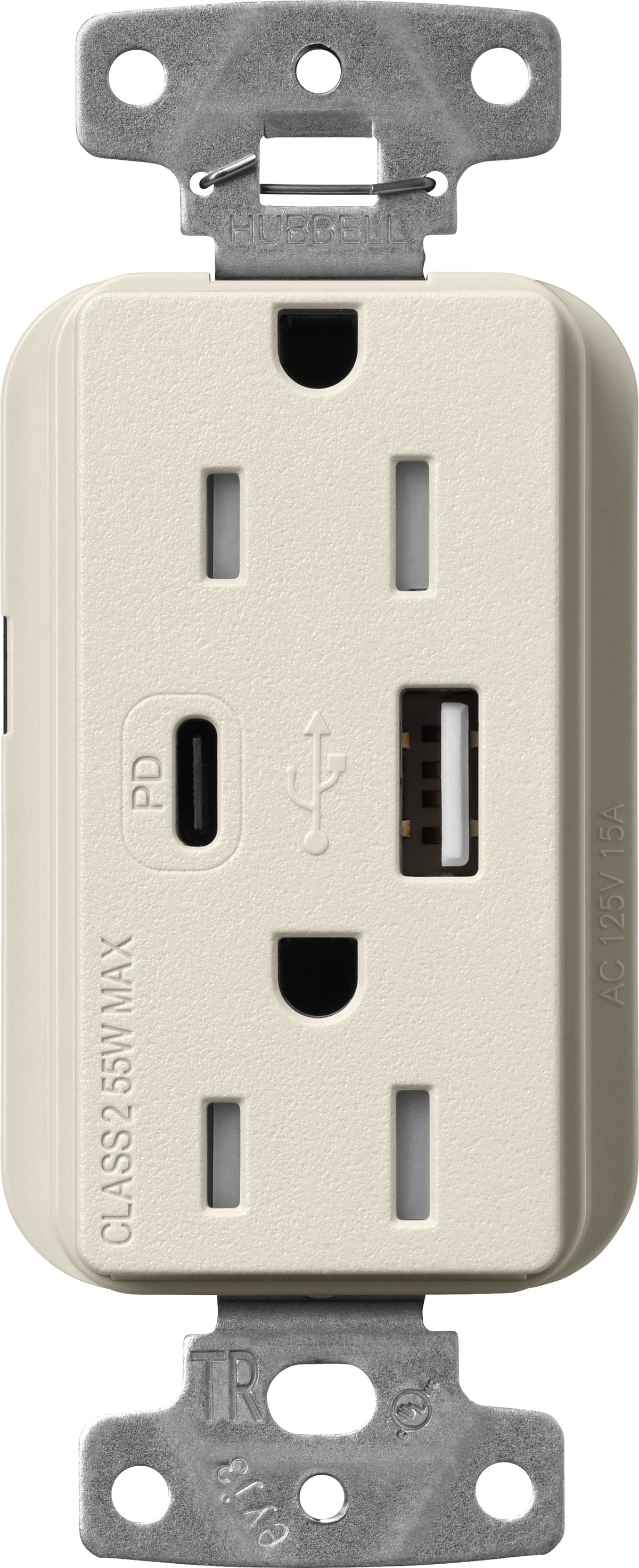 Lutron Claro SCR-15-ACTR-PM USB-A + USB-C PD duplex receptacle, satin finish, Pumice