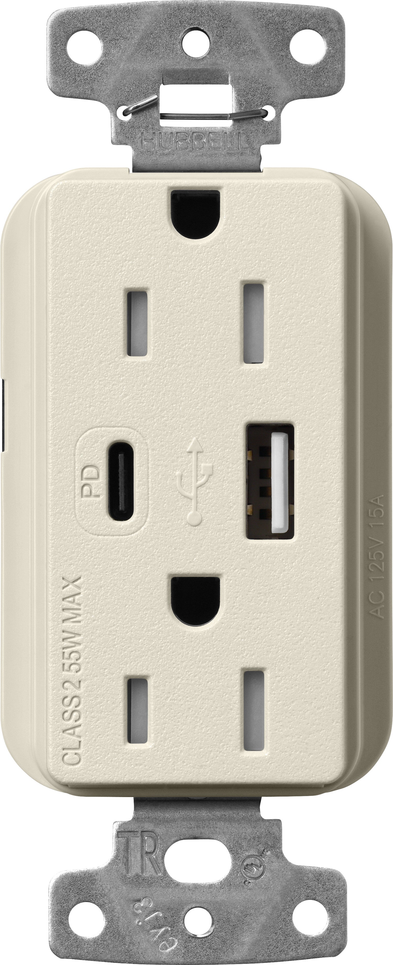 Lutron Claro SCR-15-ACTR-PM USB-A + USB-C PD duplex receptacle, satin finish, Pumice