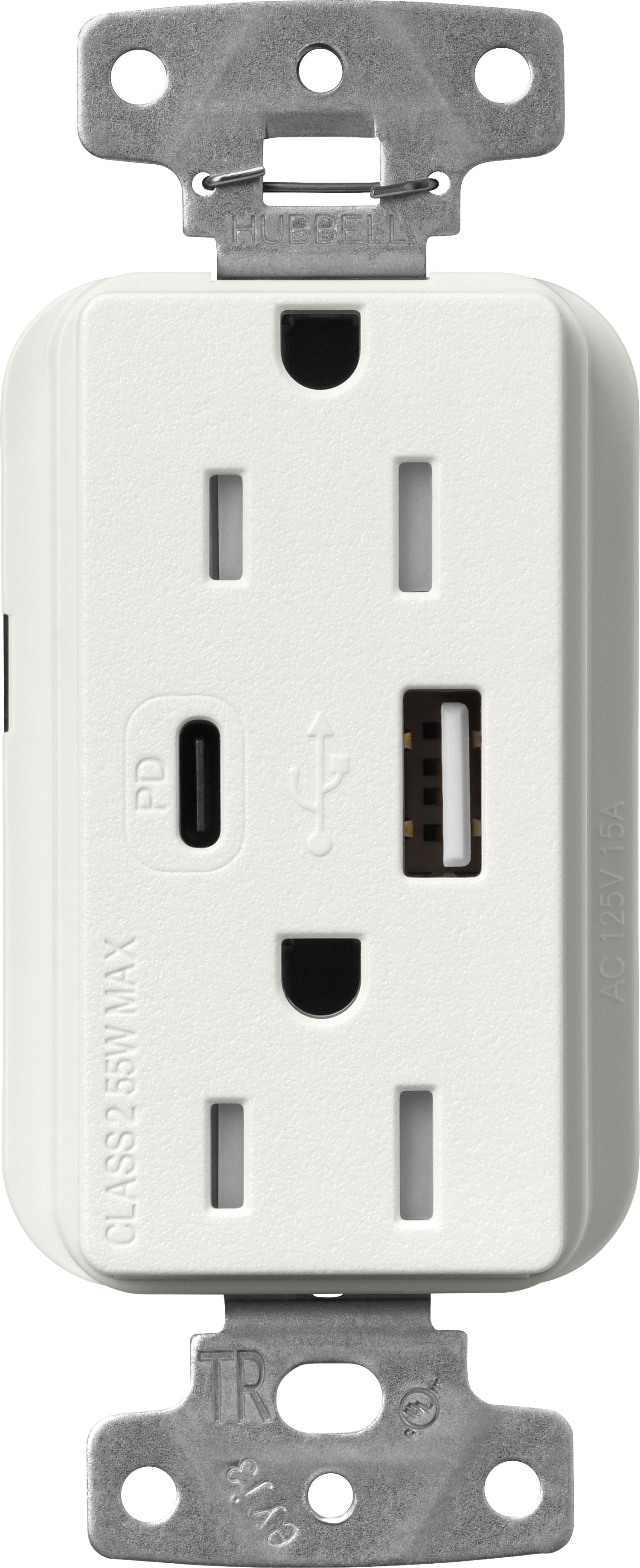 Lutron Claro SCR-15-ACTR-RW USB-A + USB-C PD duplex receptacle, satin finish, Architectural White
