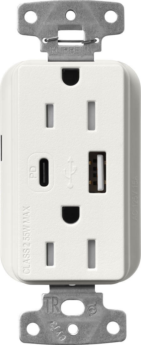Lutron Claro SCR-15-ACTR-RW USB-A + USB-C PD duplex receptacle, satin finish, Architectural White