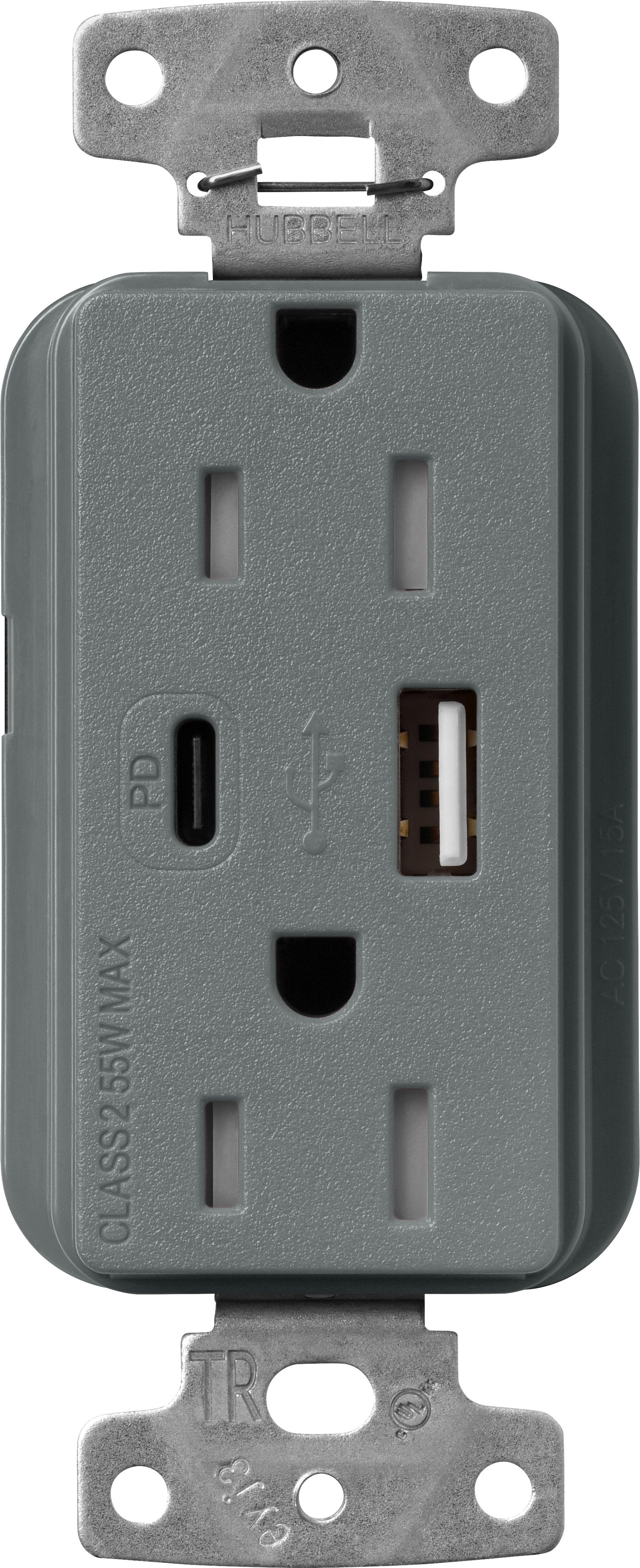 Lutron Claro SCR-15-ACTR-SL USB-A + USB-C PD duplex receptacle, satin finish, Slate