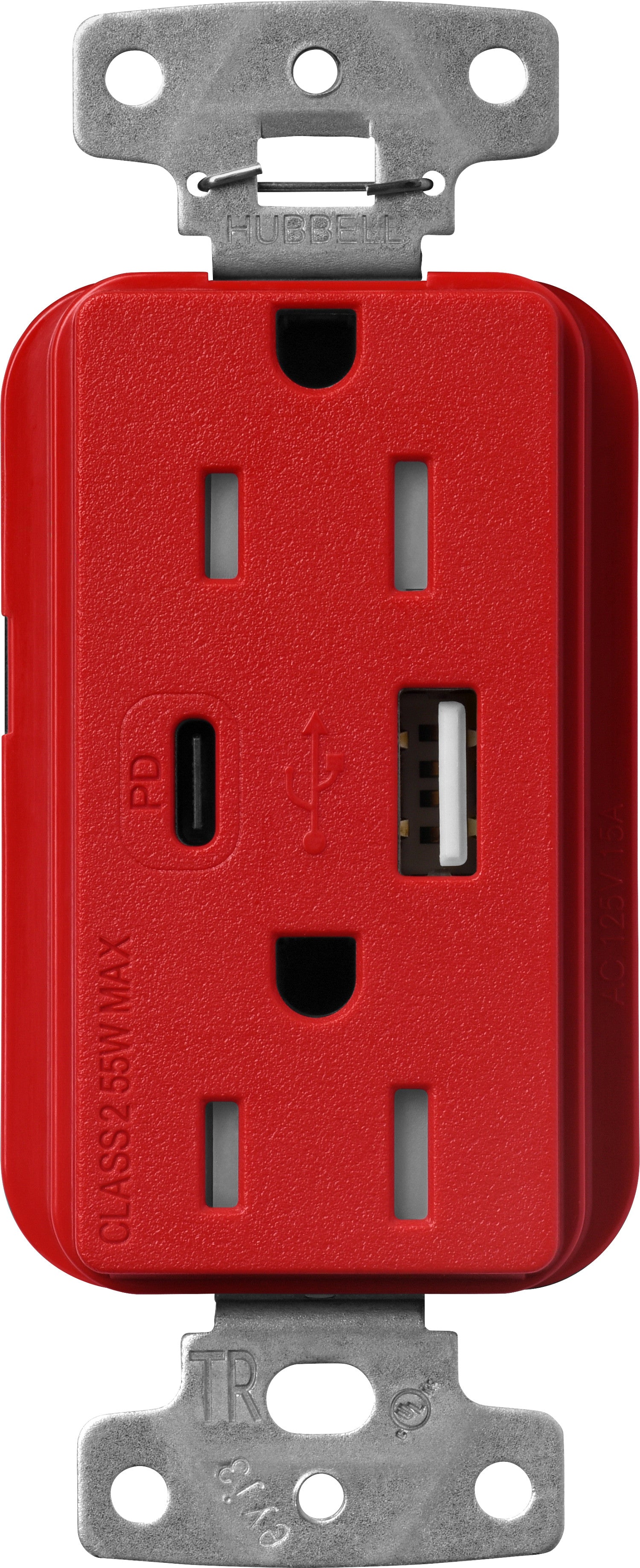Lutron Claro SCR-15-ACTR-SR USB-A + USB-C PD duplex receptacle, satin finish, Signal Red