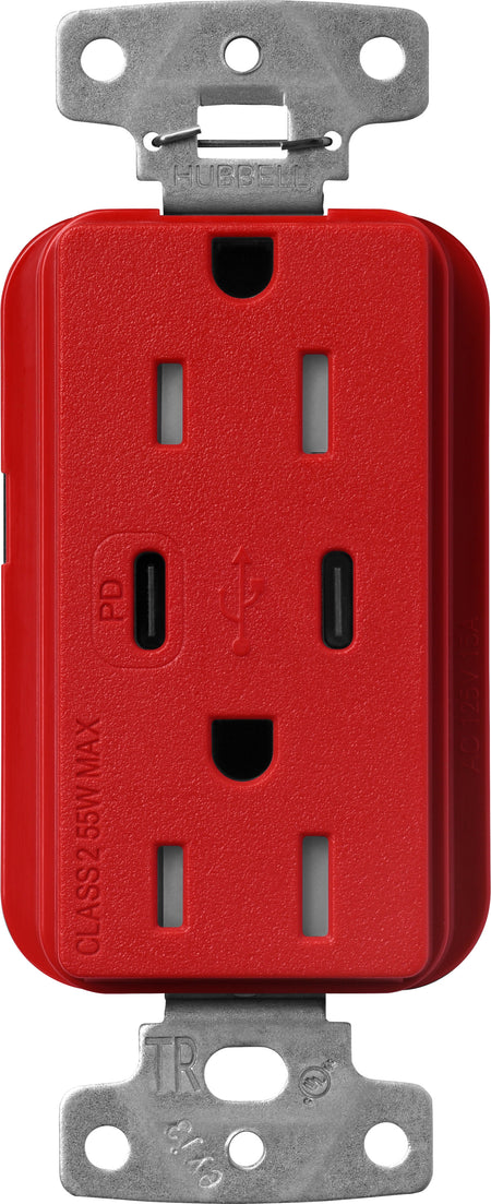 Lutron Claro SCR-15-CCTR-SR Dual USB-C (1 PD) duplex receptacle, satin finish, Signal Red